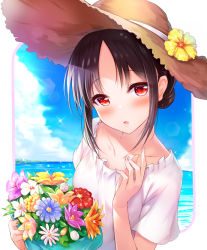 Rule 34 | 1girl, black hair, blue sky, blush, bouquet, cloud, cloudy sky, collarbone, commentary request, day, dress, flower, folded ponytail, hair ribbon, hand up, hat, hat flower, hibiscus, holding, holding bouquet, kaguya-sama wa kokurasetai ~tensai-tachi no renai zunousen~, looking at viewer, ocean, open mouth, outdoors, parted bangs, parted lips, pink flower, red eyes, red flower, red ribbon, revision, ribbon, shinomiya kaguya, short hair, short sleeves, sky, solo, straw hat, sun hat, tatenayua, upper body, water, white dress, white flower, yellow flower