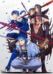 Rule 34 | 3boys, abs, absurdres, angry, armor, beads, biceps, blue hair, bodypaint, bodysuit, bracelet, capelet, chibi, closed mouth, confetti, cu chulainn (caster) (fate), cu chulainn (fate), cu chulainn (fate) (all), cu chulainn (fate/stay night), cu chulainn alter (fate), cu chulainn alter (fate/grand order), dark blue hair, dark persona, dated, earrings, elbow gloves, english text, fate/grand order, fate/stay night, fate (series), from side, frown, full body, fur, fur-trimmed hood, fur trim, gae bolg (fate), gloves, hair beads, hair ornament, happy birthday, harem pants, highres, holding, holding weapon, hood, hood down, hooded capelet, jewelry, lancer, long hair, male focus, mini cu-chan (fate), monster boy, multiple boys, multiple persona, muscular, pants, pauldrons, polearm, ponytail, red eyes, sandals, shoulder armor, skin tight, smile, spear, spiked hair, spikes, squatting, staff, tail, topless male, type-moon, weapon, wooden staff, yuu (guruko)