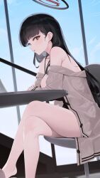 Rule 34 | 1girl, absurdres, alternate costume, bare shoulders, black camisole, black hair, black shorts, blue archive, blue sky, blunt bangs, breasts, bright pupils, camisole, crossed legs, elbow on table, from side, grey jacket, hashtag-only commentary, highres, indoors, jacket, jenil, large breasts, long hair, long sleeves, looking at viewer, off shoulder, on chair, open clothes, open jacket, open mouth, red eyes, rio (blue archive), round table, shorts, sideways glance, sitting, sky, solo, table, thighs, white pupils