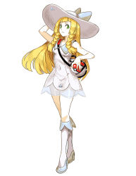 Rule 34 | 1girl, blonde hair, creatures (company), dress, frown, full body, game freak, genzoman, green eyes, hat, lillie (pokemon), looking at viewer, nintendo, poke ball, poke ball (basic), pokemon, pokemon sm, solo, sun hat