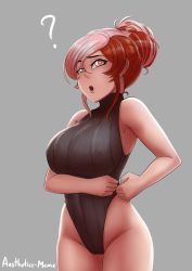 Rule 34 | 1girl, ?, aestheticc-meme, armpits, bare legs, bare shoulders, breasts, heterochromia, highres, large breasts, leotard, looking at viewer, multicolored hair, neo politan, open mouth, parted lips, rwby, simple background, solo, standing, thighs