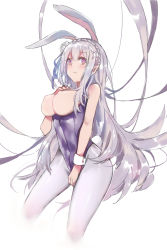 Rule 34 | 1girl, absurdres, blush, breasts, breasts out, cropped legs, emilia (re:zero), fang, flower, hair ornament, highres, large breasts, leotard, long hair, open mouth, playboy bunny, pointy ears, purple eyes, re:zero kara hajimeru isekai seikatsu, silver hair, simple background, solo, white background, zhuxiao517