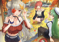 Rule 34 | 3girls, alternate costume, arm support, autumn, autumn leaves, azur lane, bare shoulders, belt, beret, black jacket, black legwear, black shorts, blue scrunchie, bra strap, braid, braided bun, breasts, bridge, brown eyes, brown footwear, casual, choker, cleavage, collarbone, commentary request, crop top, dango, day, denim, denim shorts, double bun, dress, food, forest, formidable (azur lane), frills, green hair, grey hair, grey shirt, hair bun, hair ornament, hair rings, hand up, hat, holding, jacket, large breasts, leaf, light rays, littorio (azur lane), long hair, long sleeves, looking at viewer, looking back, maple leaf, medium breasts, midriff, multicolored hair, multiple girls, nature, navel, off-shoulder shirt, off shoulder, open clothes, open jacket, open mouth, outdoors, pantyhose, pavement, pinafore dress, plaid, plate, red eyes, red hair, red shirt, ribbed shirt, river, sanshoku dango, scrunchie, shirt, shoes, short shorts, short sleeves, shorts, side ponytail, single hair bun, sitting, skirt, sleeveless, sleeveless dress, sleeveless shirt, smile, squatting, standing, stomach, sunbeam, sunlight, tree, twintails, two-tone hair, very long hair, wagashi, white headwear, white shirt, wooden floor, wrist scrunchie, zara (azur lane), ziko