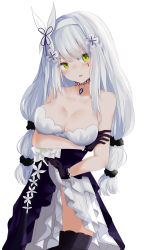 Rule 34 | 1girl, absurdres, alternate hairstyle, bare arms, bare shoulders, black bow, black choker, black gloves, black thighhighs, blue hair, blunt bangs, bow, breasts, choker, cleavage, closed mouth, clothes lift, collarbone, cowboy shot, dress, dress lift, earrings, eyes visible through hair, facial mark, flower, framed breasts, gem, girls&#039; frontline, gloves, gradient background, green eyes, hair flower, hair ornament, hair ribbon, hairband, hand on own arm, hand up, highres, hk416 (girls&#039; frontline), hk416 (starry cocoon) (girls&#039; frontline), jewelry, layered dress, long hair, looking at viewer, low-tied long hair, medium breasts, multi-tied hair, official alternate costume, pendant, petals, ribbon, rose, rose petals, ru zhai, simple background, smile, solo, standing, strapless, strapless dress, teardrop, thighhighs, very long hair, white background, white flower, white hairband, white ribbon, white rose