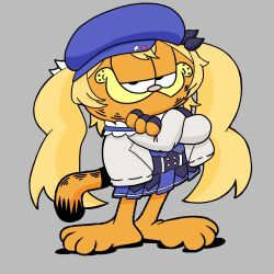 Rule 34 | 1girl, animal nose, beret, black eyes, black gloves, blonde hair, blue hat, blue skirt, cat tail, commentary, crossed arms, dokibird (vtuber), english commentary, fingerless gloves, full body, garfield, garfield (character), gloves, grey background, hair between eyes, half-closed eyes, hat, indie virtual youtuber, long hair, long sleeves, looking at viewer, orange cat, orange fur, pleated skirt, rafael10330, simple background, skirt, smile, solo, tail, toon (style), twintails, virtual youtuber