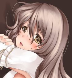 Rule 34 | 10s, 1girl, akatsuki akane, brown eyes, from behind, from side, kantai collection, light brown hair, long hair, looking at viewer, lying, on stomach, open mouth, pola (kancolle), solo, tareme, wavy hair