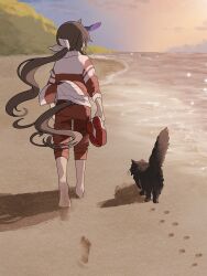 Rule 34 | 1girl, admire vega (umamusume), animal, animal ears, barefoot, beach, black cat, blue sky, brown hair, cat, clothing cutout, cloud, commentary request, facing away, footprints, from behind, hair ribbon, highres, holding, holding clothes, holding footwear, holding shoes, horse ears, horse girl, horse tail, jacket, long hair, low ponytail, outdoors, pants, ponytail, red jacket, red pants, ribbon, sand, shoes, unworn shoes, sky, soles, solo, sunset, tail, tail through clothes, track jacket, track pants, track suit, umamusume, very long hair, walking, white footwear, white ribbon, yano (edbr1022)