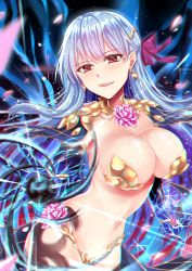 Rule 34 | 1girl, absurdres, bare shoulders, breasts, chromatic aberration, cowboy shot, detached sleeves, dress, earrings, elbow gloves, fate/grand order, fate (series), flower, gloves, gu li, hair ribbon, highleg, highleg panties, highres, jewelry, kama (fate), kama (third ascension) (fate), large breasts, long hair, looking at viewer, lotus, navel, panties, parted lips, purple dress, red eyes, ribbon, shoulder pads, silver hair, sleeveless, smile, solo, thighhighs, underwear, wind
