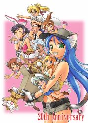 Rule 34 | 1boy, 6+girls, :3, :d, animal ears, animal hands, anniversary, baseball cap, belt, blonde hair, blowing kiss, blue hair, bow, bowtie, box, breasts, brown hair, cardboard box, carrying, cat ears, cat tail, cleavage, closed eyes, collar, copyright request, dark skin, detached collar, ebifly, english text, everyone, fangs, gloves, green eyes, hat, heart, holding, holding sword, holding weapon, lab coat, leotard, long hair, looking at viewer, looking to the side, mini person, minigirl, multiple girls, open mouth, paw gloves, pink background, pink leotard, playboy bunny, ponytail, purple hair, rapier, sanpaku, shorts, shoulder carry, slit pupils, smile, standing, studded collar, sword, tail, weapon, wide-eyed, wrist cuffs