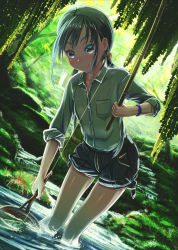Rule 34 | 1girl, aiuabo, black eyes, black hair, black shorts, bracelet, breast pocket, commentary request, day, fish, fishing, fishing net, fishing rod, hair ribbon, highres, jewelry, original, outdoors, pocket, ribbon, shade, shirt, shorts, sidelocks, sleeves rolled up, smile, solo, standing, stream, tied shorts, twintails, wading, water, willow