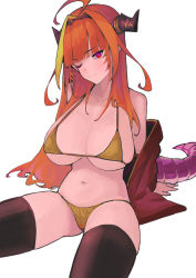 Rule 34 | 1girl, ahoge, arms behind back, bikini, black thighhighs, blunt bangs, breasts, closed mouth, dismassd, dragon girl, dragon horns, dragon tail, female pubic hair, gold bikini, hair intakes, hairband, highres, hololive, horns, jacket, kiryu coco, large breasts, long hair, multicolored hair, navel, off shoulder, one eye closed, orange hair, pubic hair, red eyes, red jacket, simple background, sitting, skindentation, solo, stomach, streaked hair, swimsuit, tail, thighhighs, thighs, very long hair, virtual youtuber, white background