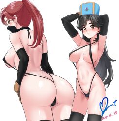 Rule 34 | 2girls, absurdres, ass, black gloves, black hair, black thighhighs, blue hat, borrowed character, breasts, brown eyes, character request, commission, cowboy shot, criss-cross halter, dated, dragon quest, dragon quest dai no daibouken, elbow gloves, gloves, halterneck, hat, highres, long hair, mask, medium breasts, mouth mask, multiple girls, one-piece thong, signature, simple background, slingshot swimsuit, swimsuit, thighhighs, white background, yoo tenchi