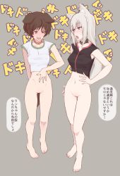 Rule 34 | 10s, 2girls, akiyama yukari, animal ears, arm behind back, barefoot, black shirt, blue eyes, blush, bottomless, breasts, brown eyes, brown hair, casual, collar, collarbone, covered erect nipples, dog ears, embarrassed, full body, girls und panzer, grey background, groin, hand on own hip, heartbeat, highres, itsumi erika, kemonomimi mode, long hair, looking at another, looking down, midriff, multiple girls, navel, nipples, nose blush, open mouth, pussy, shirt, short hair, simple background, sleeveless, sleeveless shirt, small breasts, standing, sweatdrop, tail, thigh gap, toenails, translated, uncensored, unpale, white hair, white shirt