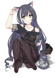 Rule 34 | 1girl, absurdres, animal ear fluff, animal ears, arm up, black hair, black pantyhose, black shirt, black skirt, bracelet, cat ears, cat girl, cat tail, cellphone, closed mouth, collarbone, full body, green eyes, hair between eyes, highres, holding, holding phone, jewelry, karyl (princess connect!), long hair, looking at viewer, maxwelzy, miniskirt, multicolored hair, pantyhose, phone, pleated skirt, princess connect!, see-through, see-through sleeves, shadow, shirt, shoes, short sleeves, simple background, sitting, skirt, smartphone, smile, solo, streaked hair, tail, unworn shoes, very long hair, white background