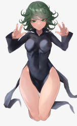 Rule 34 | 1girl, absurdres, bare legs, black dress, breasts, closed mouth, covered navel, curly hair, curvy, dress, feet up, flying, green eyes, green hair, green nails, hands up, highres, kataku musou, light smile, looking at viewer, medium breasts, nail polish, one-punch man, short hair, side slit, simple background, solo, tatsumaki, taut clothes, taut dress, thighs, v, wide hips