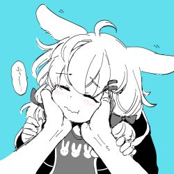 Rule 34 | 1girl, 1other, ahoge, animal ears, arknights, blue background, blush, bow, cheek squash, closed eyes, greyscale, greyscale with colored background, hair between eyes, hair bow, holding another&#039;s wrist, jacket, kroos (arknights), monochrome, open clothes, open jacket, pov, pov hands, rabbit ears, shirt, short hair, short twintails, simple background, solo, speech bubble, twintails, upper body, wavy hair, yukataro