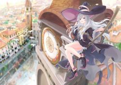 Rule 34 | 1girl, absurdres, bare legs, black cloak, black coat, black hat, black robe, black skirt, blue eyes, brooch, broom, broom riding, cloak, clock, clock tower, coat, elaina (majo no tabitabi), floating hair, flying, hat, hat ornament, highres, holding, holding broom, jewelry, long hair, looking at viewer, majo no tabitabi, minau37, open clothes, open robe, robe, shirt, silver hair, skirt, smile, solo, thighs, tower, white shirt, witch, witch hat, yellow neckwear