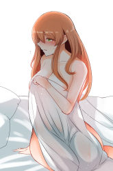Rule 34 | 10eki (tenchou), 1girl, absurdres, arm support, bed sheet, blush, breasts, brown hair, cleavage, collarbone, embarrassed, girls&#039; frontline, green eyes, hair between eyes, half-closed eyes, highres, holding, holding sheet, large breasts, long hair, nude, open mouth, sidelocks, sitting, solo, springfield (girls&#039; frontline), sweatdrop, under covers