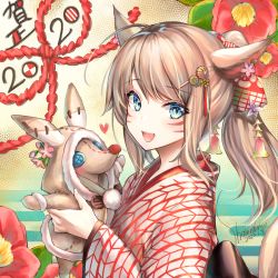 Rule 34 | 1girl, 2020, animal ears, blonde hair, blue eyes, cat ears, dated, facial mark, final fantasy, final fantasy xiv, hair ornament, hair ribbon, japanese clothes, kimono, long hair, looking at viewer, mii@chiffonx, miqo&#039;te, open mouth, ponytail, ribbon, signature, slit pupils, solo, stuffed toy, upper body, warrior of light (ff14)