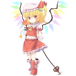 Rule 34 | 1girl, apple, ascot, bad id, bad pixiv id, blonde hair, boots, child, dress, female focus, flandre scarlet, food, fruit, full body, hat, laevatein, lowres, midriff, navel, red dress, red eyes, red skirt, sanuki (zigzagflamberge), side ponytail, skirt, solo, standing, embodiment of scarlet devil, touhou, transparent background, wings