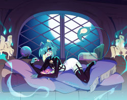 Rule 34 | 1boy, animal ears, animal feet, artist name, blue eyes, blue fire, blue hair, blunt bangs, blunt ends, book, candle, candy, commentary, crystal ball, english commentary, eyepatch, fire, food, highres, kitt betelgeuse, long sleeves, lying, moon, night, on stomach, open mouth, original, pillow, slit pupils, solo, tail, teeth, thighhighs, tongue, trap, watermark, window