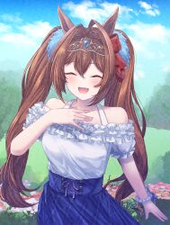 Rule 34 | 1girl, :d, ^ ^, animal ears, bare shoulders, blue skirt, blue sky, blush, bow, bracelet, breasts, brown hair, closed eyes, cloud, cloudy sky, collarbone, daiwa scarlet (umamusume), day, facing viewer, flower, frilled shirt, frills, hair between eyes, hair bow, hair intakes, hand on own chest, hand up, highres, horse ears, ittokyu, jewelry, long hair, medium breasts, off-shoulder shirt, off shoulder, open mouth, outdoors, pearl bracelet, puffy short sleeves, puffy sleeves, purple flower, red bow, red flower, shirt, short sleeves, sidelocks, signature, skirt, sky, smile, solo, tiara, twintails, umamusume, very long hair, white shirt