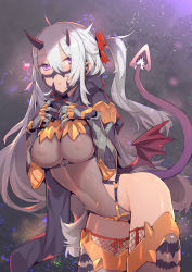 Rule 34 | 1girl, bow, breasts, commentary request, covered erect nipples, covered navel, demon girl, demon horns, demon tail, demon wings, fishnet thighhighs, fishnets, grey leotard, groin, hair between eyes, hair bow, hands on own chest, hands up, heart, highleg, highleg leotard, horns, leaning forward, leotard, long hair, looking at viewer, low wings, medium breasts, one side up, original, parted lips, puffy nipples, red bow, red eyes, red wings, silver hair, solo, tail, tail raised, tajima ryuushi, thighhighs, very long hair, wings