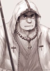 Rule 34 | 1boy, bara, chest hair, cross scar, frown, greyscale, highres, hood, hood up, houzouin oniwaka, long sideburns, male focus, mature male, monochrome, muscular, muscular male, over shoulder, pectoral cleavage, pectorals, scar, scar on face, scar on forehead, short hair, sideburns, solo, thick eyebrows, tokyo houkago summoners, upper body, weapon, weapon over shoulder, yakiniku0141