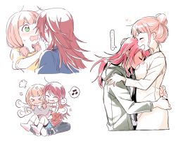 Rule 34 | &gt; &lt;, ..., 2girls, :d, puff of air, ^ ^, ahoge, anger vein, bang dream!, blush, butterfly sitting, closed eyes, dress, face-to-face, fang, full-face blush, green jacket, grey shirt, hair bun, hair up, heart, hood, hood down, hooded jacket, hug, hug from behind, jacket, long hair, long sleeves, low twintails, multiple girls, multiple views, musical note, open mouth, pink hair, pushing away, pushing face, re ghotion, red hair, red shirt, shirt, sidelocks, single hair bun, sitting, sitting on lap, sitting on person, smile, socks, spoken ellipsis, spoken musical note, twintails, udagawa tomoe, uehara himari, v-shaped eyebrows, waving arms, wavy mouth, white background, white dress, yellow shirt, yuri