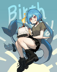 Rule 34 | 1girl, absurdres, birthday, birthday cake, black bow, black footwear, black skirt, blue background, blue hair, boots, bow, cake, character request, closed mouth, collarbone, copyright request, english text, fins, fire, fish tail, food, food on face, full body, gogalking, grey shirt, hair between eyes, hair bow, hair ornament, highres, long hair, ponytail, red eyes, shirt, short sleeves, simple background, skirt, solo, t-shirt, tail, tongue, tongue out, very long hair