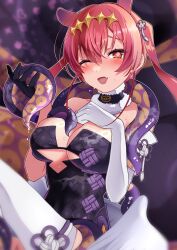 Rule 34 | 1girl, ;d, absurdres, asymmetrical gloves, black gloves, blush, breasts, cleavage, elbow gloves, fang, gloves, hair between eyes, hand on own chest, highres, hololive, houshou marine, kuuma25 kuma, large breasts, long hair, looking at viewer, mismatched gloves, one eye closed, open mouth, red eyes, red hair, smile, solo, sweat, thighhighs, tongue, twintails, virtual youtuber, white gloves, white thighhighs