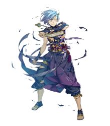 Rule 34 | 1boy, blue hair, book, circlet, fire emblem, fire emblem fates, fire emblem heroes, full body, highres, jewelry, male focus, necklace, nintendo, official art, one eye closed, sandals, shigure (fire emblem), solo, standing, teeth, torn clothes, transparent background, yellow eyes, yura (ub4u)