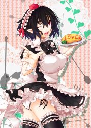 Rule 34 | 1girl, ;d, alternate costume, black hair, black thighhighs, breasts, female focus, food, fork, frilled thighhighs, frills, hat, headdress, heart, highres, holding, kinsenka, large breasts, maid, omelet, omurice, one eye closed, open mouth, outline, panties, plate, pointy ears, red eyes, shameimaru aya, side-tie panties, smile, solo, spoon, thighhighs, tokin hat, touhou, underwear, white panties, wink, wrist cuffs