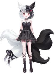 Rule 34 | 1girl, absurdres, alice mana, animal ears, belt, black hair, blush, breasts, collar, commentary request, fox ears, full body, hair ornament, hairclip, highres, indie virtual youtuber, medium hair, multicolored hair, nabi (uz02), official alternate costume, open mouth, red eyes, shoes, sleeveless, small breasts, solo, standing, two-tone hair, virtual youtuber, white background