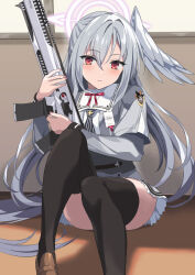 Rule 34 | 1girl, black thighhighs, blue archive, blush, bow, brown footwear, closed mouth, commentary, feathered wings, feet out of frame, grey hair, grey jacket, grey skirt, grey wings, gun, hair between eyes, halo, head wings, highres, holding, holding gun, holding weapon, jacket, layered sleeves, loafers, long hair, long sleeves, looking at viewer, nail polish, on floor, pink nails, rasahan, red bow, red eyes, revision, shirt, shoes, short over long sleeves, short sleeves, single head wing, sitting, skirt, solo, suzumi (blue archive), thighhighs, very long hair, weapon, white shirt, window, wings