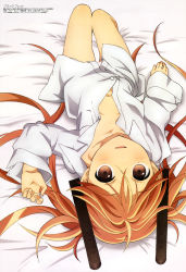 Rule 34 | 10s, 1girl, :d, absurdres, ahoge, aihara enju, bed sheet, black bullet, dress shirt, flat chest, from above, hair ornament, highres, kaori (megami), legs, long hair, long sleeves, looking at viewer, lying, matching hair/eyes, megami magazine, no bra, no pants, non-web source, official art, on back, open clothes, open mouth, open shirt, orange eyes, orange hair, oversized clothes, panties, red eyes, red hair, shirt, smile, solo, thigh gap, underwear, upside-down, very long hair, white panties, white shirt