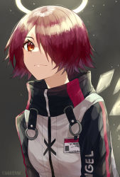 Rule 34 | 1girl, absurdres, arknights, artist name, brown background, commentary, detached wings, exusiai (arknights), grey background, hair over one eye, halo, highres, jacket, kanniiepan, looking at viewer, penguin logistics (arknights), red eyes, red hair, short hair, smile, solo, white jacket, wings