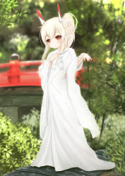 Rule 34 | 1girl, absurdres, ayanami (azur lane), azur lane, blurry, blurry background, blush, bridge, brown eyes, closed mouth, commentary request, day, depth of field, flower, folded fan, folding fan, full body, glint, hair between eyes, hair flower, hair ornament, hand fan, hand up, head tilt, headgear, high ponytail, highres, holding, holding fan, japanese clothes, jewelry, kimono, long hair, long sleeves, looking at viewer, maru shion, outdoors, ponytail, ring, rose, sidelocks, smile, solo, standing, uchikake, wedding band, white flower, white kimono, white rose, wide sleeves