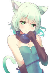 Rule 34 | 1girl, alternate costume, animal ears, bare shoulders, black legwear, breasts, cat ears, cat tail, cleavage, culter, elbow gloves, gloves, green eyes, kemonomimi mode, kittysuit, komeiji koishi, leotard, nontraditional playboy bunny, silver hair, small breasts, smile, solo, tail, third eye, touhou