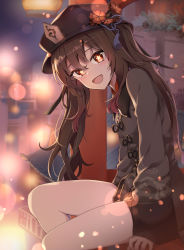 Rule 34 | 1girl, :d, arm support, black hat, black shirt, black shorts, blurry, bokeh, breasts, brown hair, chinese clothes, collared shirt, depth of field, dulldull, flower, genshin impact, hat, hat flower, head tilt, highres, hu tao (genshin impact), long hair, long sleeves, looking at viewer, open mouth, red eyes, shirt, short shorts, shorts, sitting, small breasts, smile, solo, star-shaped pupils, star (symbol), symbol-shaped pupils, thighs, twintails