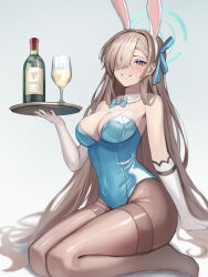 Rule 34 | 1girl, absurdres, afri, alcohol, animal ear hairband, animal ears, asuna (blue archive), asuna (bunny) (blue archive), black pantyhose, blue archive, blue eyes, blue halo, blue leotard, blue ribbon, breasts, champagne flute, collarbone, commentary, covered navel, cup, detached collar, drinking glass, fake animal ears, gloves, grin, hair over one eye, hair ribbon, halo, highres, holding, holding tray, large breasts, leotard, light brown hair, long hair, looking at viewer, mole, mole on breast, official alternate costume, pantyhose, playboy bunny, rabbit ear hairband, rabbit ears, ribbon, sitting, smile, solo, sparkle, strapless, strapless leotard, tray, white gloves