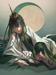 Rule 34 | 1girl, absurdres, chinese clothes, chinese commentary, chinese knot, closed eyes, coat, colored inner hair, commentary, crescent moon, crossed bangs, crown, flower, flower request, food, green eyes, green hair, green robe, hair ornament, hairclip, highres, holding, holding food, lips, lishijiu, long hair, lying, mid-autumn festival, mole, mole under mouth, moon, mooncake, multicolored hair, on side, procreate (medium), punishing: gray raven, qu (punishing: gray raven), robe, solo, upper body, white coat, white flower
