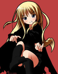 Rule 34 | 00s, 1girl, blonde hair, blue eyes, blush, evangeline a.k. mcdowell, grin, kantoku, kneehighs, long hair, looking at viewer, mahou sensei negima!, no shoes, outstretched hand, reaching, simple background, sitting, smile, socks, solo, vampire
