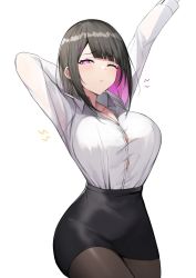Rule 34 | 1girl, black hair, black skirt, blouse, bob cut, breasts, collarbone, collared shirt, colored inner hair, hair ornament, hairclip, highres, large breasts, luse maonang, mole, mole under mouth, multicolored hair, one eye closed, original, pantyhose, pencil skirt, pink eyes, pink hair, see-through, see-through legwear, shirt, shirt tucked in, simple background, skirt, solo, stretching, taut clothes, taut shirt, two-tone hair, white background, white shirt, yuuki mama