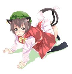 Rule 34 | 1girl, all fours, animal ears, bad id, bad pixiv id, blush, brown hair, chen, dress, earrings, female focus, full body, hat, jewelry, kazuha nanako, multiple tails, nanako (artist), no panties, short hair, simple background, solo, tail, touhou, white background