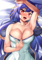 Rule 34 | .live, 1girl, absurdres, alternate breast size, animal ears, armpits, bed, biro-budou, breasts, cleavage, collarbone, commentary request, fang, heavy breathing, highres, large breasts, looking at viewer, purple hair, red eyes, rurun rururica, sleeveless, solo, sweat, tongue, tongue out, virtual youtuber, wolf ears