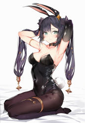 Rule 34 | 1girl, absurdres, animal ears, armpits, arms up, bed sheet, black hair, black leotard, blush, breasts, brown pantyhose, cleavage, commentary request, covered navel, fake animal ears, full body, genshin impact, green eyes, grey background, hair between eyes, hands in hair, highres, leotard, long hair, looking at viewer, medium breasts, mona (genshin impact), no shoes, pantyhose, playboy bunny, rabbit ears, rabbit tail, seiza, silver (chenwen), sitting, solo, strapless, strapless leotard, tail, twintails, very long hair