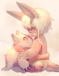 Rule 34 | 1girl, animal ears, bad id, bad pixiv id, commentary request, creature, closed eyes, furry, highres, made in abyss, manino (mofuritaionaka), mitty (made in abyss), nanachi (made in abyss), red eyes, short hair, sitting, smile, tail, white hair