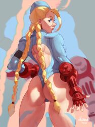 Rule 34 | 1girl, ass, back cutout, blonde hair, blue eyes, braid, cammy white, clothing cutout, dlusionalx, fingerless gloves, from behind, gloves, hat, highleg, highleg leotard, highres, huge ass, leotard, lips, long hair, long sleeves, looking back, shiny skin, street fighter, street fighter zero (series), thong leotard, twin braids