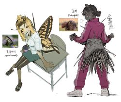 Rule 34 | 2girls, absurdres, antennae, artist name, black hair, black sclera, black skin, blonde hair, brown eyes, brown hair, bubble tea, butterfly girl, butterfly wings, closed mouth, collared shirt, colored sclera, colored skin, desk, diagonal stripes, drink, drinking straw, drinking straw in mouth, full body, green skirt, grin, gyaru, hands up, highres, holding, holding drink, insect wings, knees together feet apart, long hair, long sleeves, looking at viewer, looking back, low ponytail, monster girl, mouth hold, multicolored hair, multiple girls, on desk, original, personification, porcupine ears, porcupine girl, school desk, shirt, shoes, short hair, short ponytail, sidelocks, sigh, simple background, sitting, on desk, sketch, skirt, smile, sneakers, sparrowl, spines, standing, striped clothes, striped footwear, teardrop, teeth hold, topknot, two-tone hair, uneven eyes, white background, white footwear, white shirt, wings, yellow eyes, yellow skin